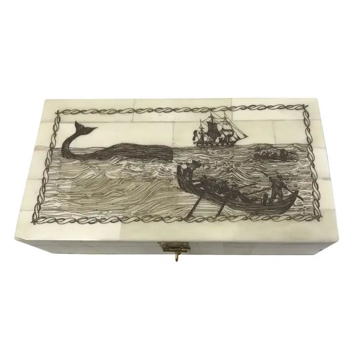 6 1/4" Whaling Long Boats Scrimshaw Bone Box