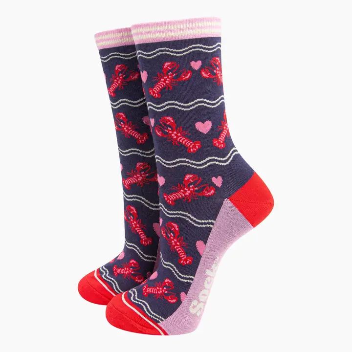 Women's Bamboo Socks - Navy, Lobsters with Love Hearts
