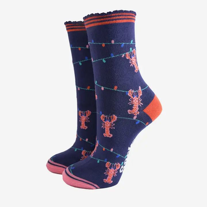 Women's Bamboo Socks - Navy/Orange, Lobster Party Lights