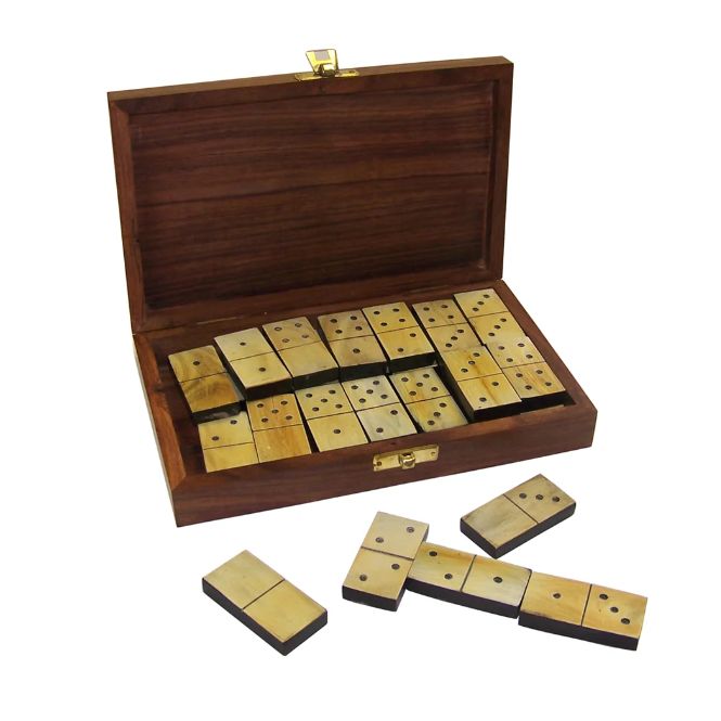 Colonial Ox Horn Domino Set in 8" Wooden Storage Box