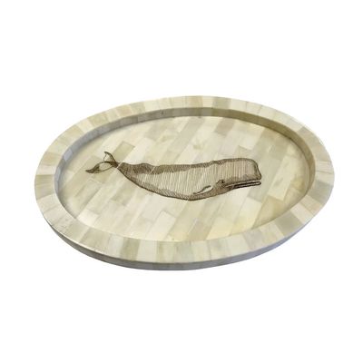 Whale Engraved Scrimshaw Bone Tray, 12"