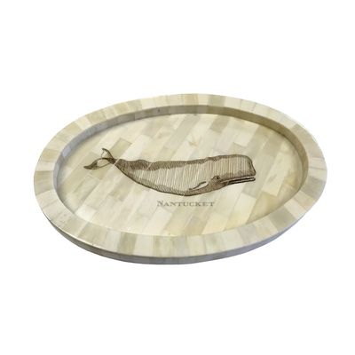 Whale Engraved Scrimshaw Bone Tray, 12"