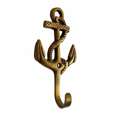 Antiqued Solid Brass Nautical Anchor Wall Hook Decor, 4-1/4”