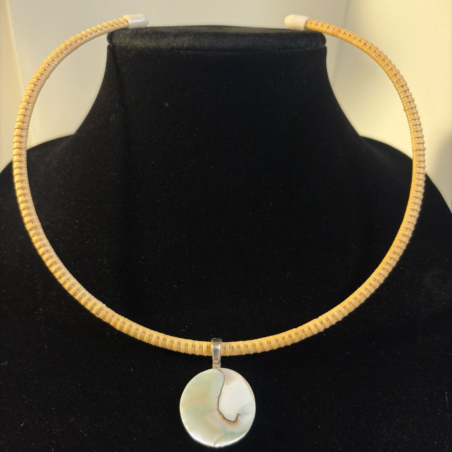 Nantucket Lightship Basket Chocker Necklace with Hand carved Nautilis Shell pendant By Ashlie Emery