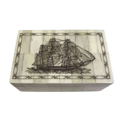 Whaling Ship Etched Vintage Scrimshaw Bone Box, 5-1/4”