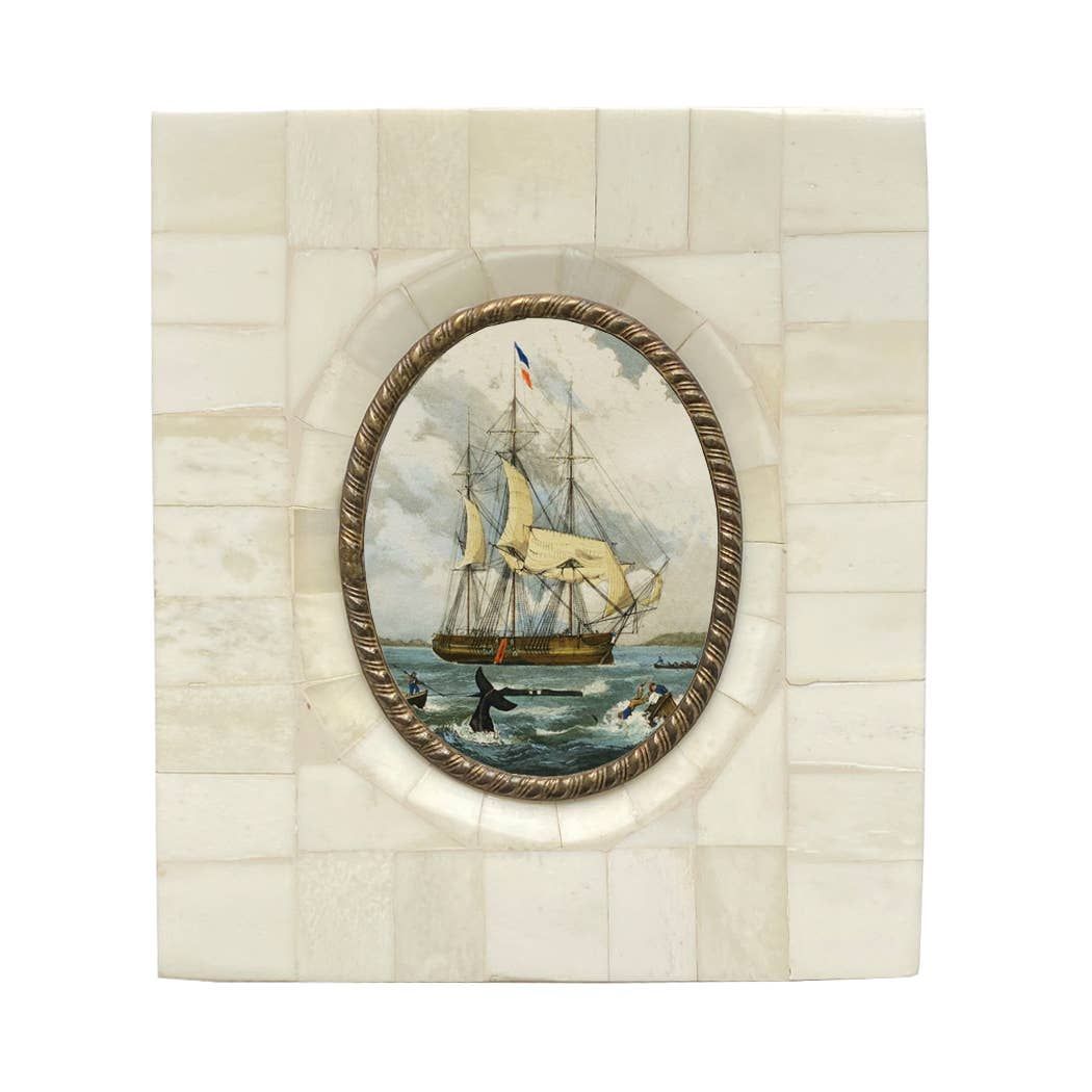 Vintage Whaling Ship Print in Bone &amp; Brass Frame | Wall art