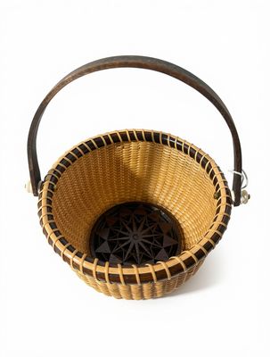 Nantucket Lightship Basket- 6"Round with Walnut Accents with Rose Carved Base and Bone Knobs By Pat Krystofolski