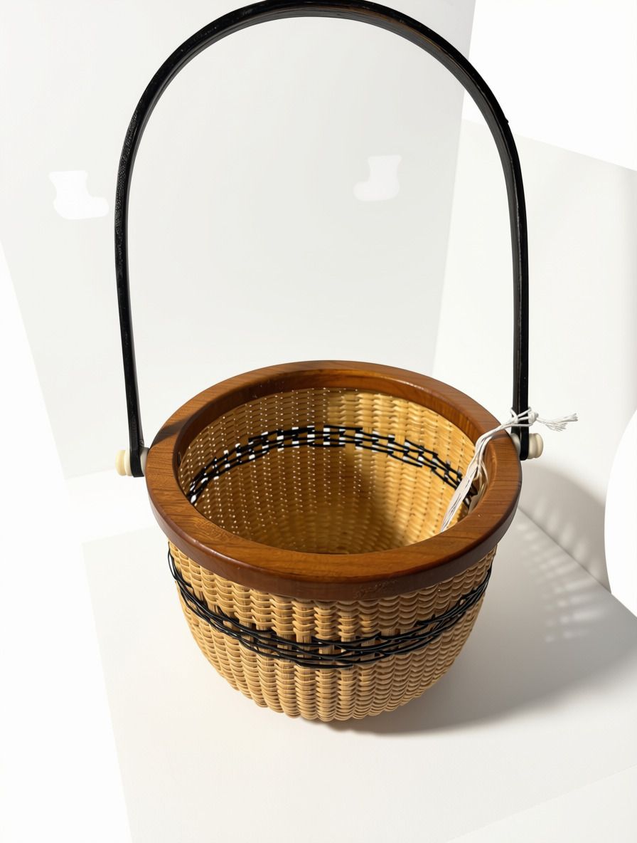 Nantucket Lightship Basket- 6" Round Cherry w/ Ebony Handle and Bone Knobs By Pat Krystofolski