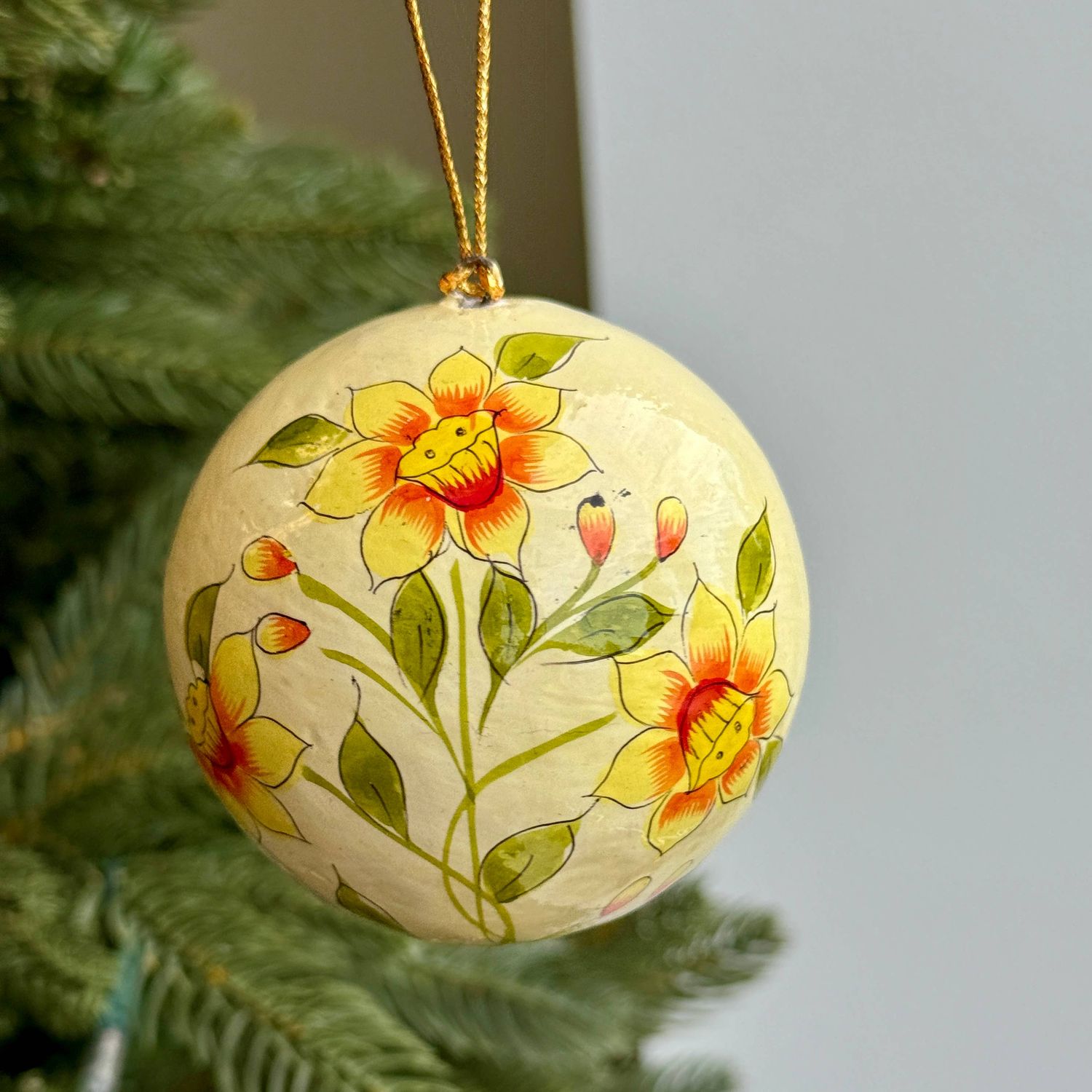 Daffodil Floral Paper Mache Ball Christmas Ornament