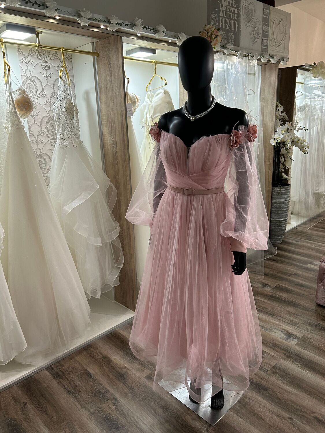 Pearl - A-Linienkleid mit Blümchen-Off Shoulder, Rosa