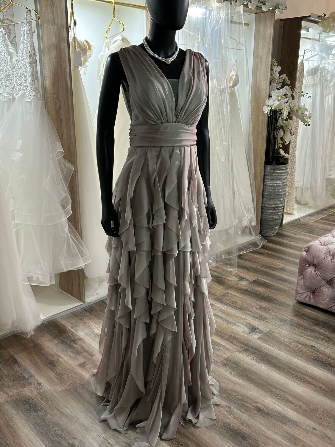 Phillia - Chiffonkleid mit V-Ausschnitt, Grün Rot Changiert