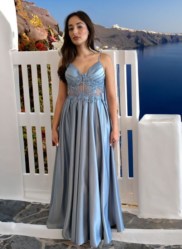 Angelina - Corsage A - line dress with lace and pearls - blue