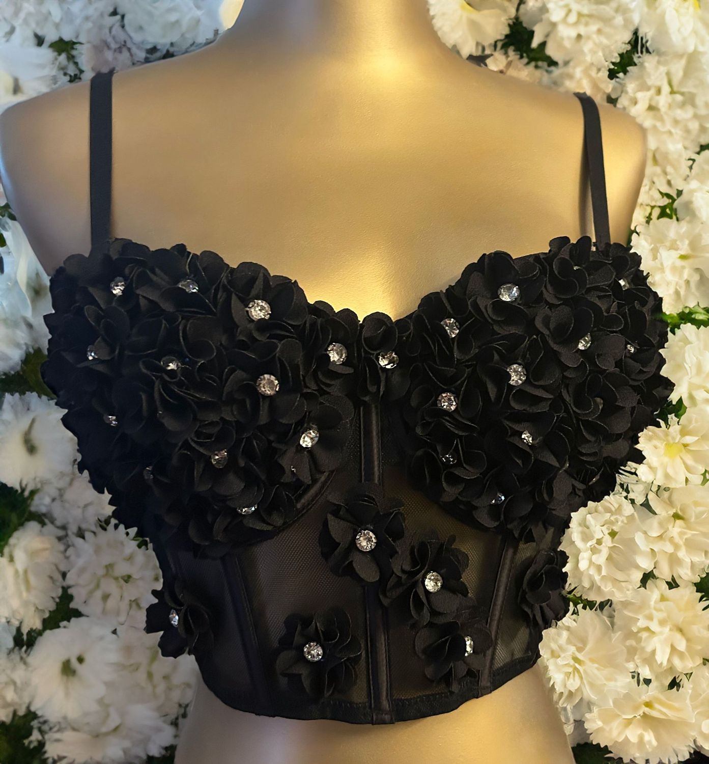 Sara - schwarze Korsage/Bustier mit Blumenapplikationen (handmade) - Size 36/38 