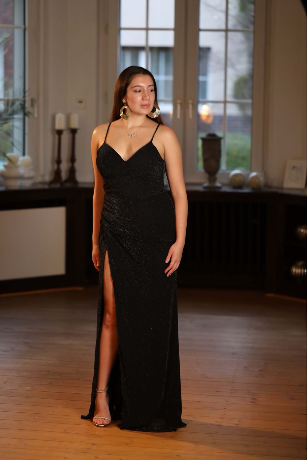 Beatrice - Langes bequemes Elstisches  Glitzerkleid, Schwarz