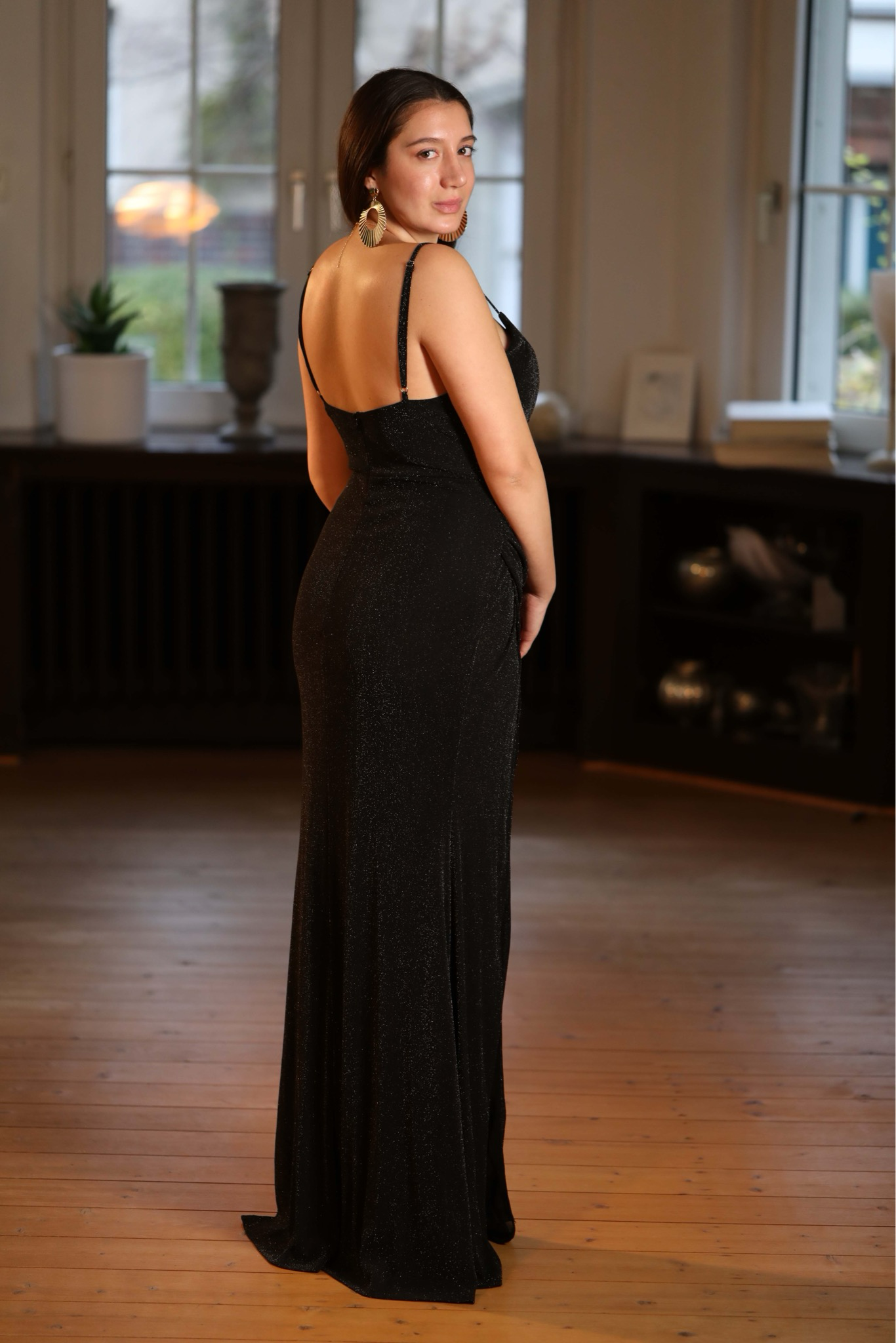 Beatrice - Langes bequemes Elstisches Glitzerkleid, Schwarz