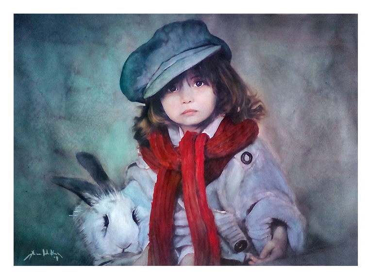 &quot;Conejo con Niña&quot;. Acuarela 76cm x 56cm