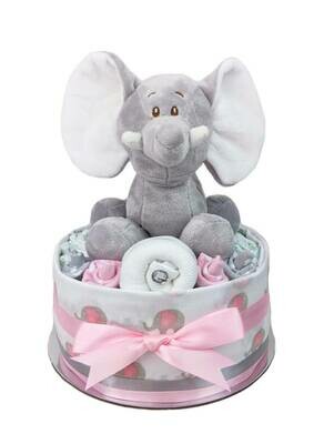 One Tier Pink and Grey Elephant Nappy Cake