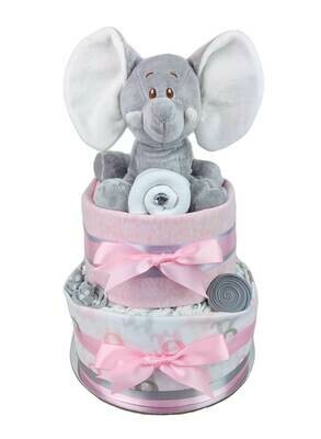 Two Tier Pink and Grey Elephant Nappy Cake