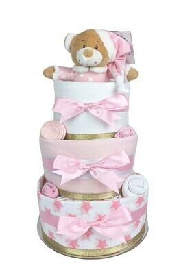 Three Tier Pink & Gold Starbright Nappy Cake