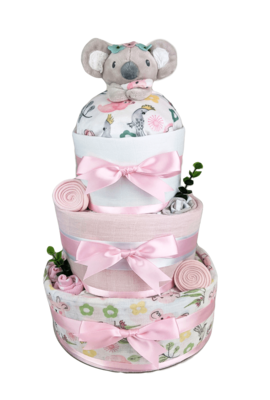 Three Tier Pink Baby Koala Nappy Cake