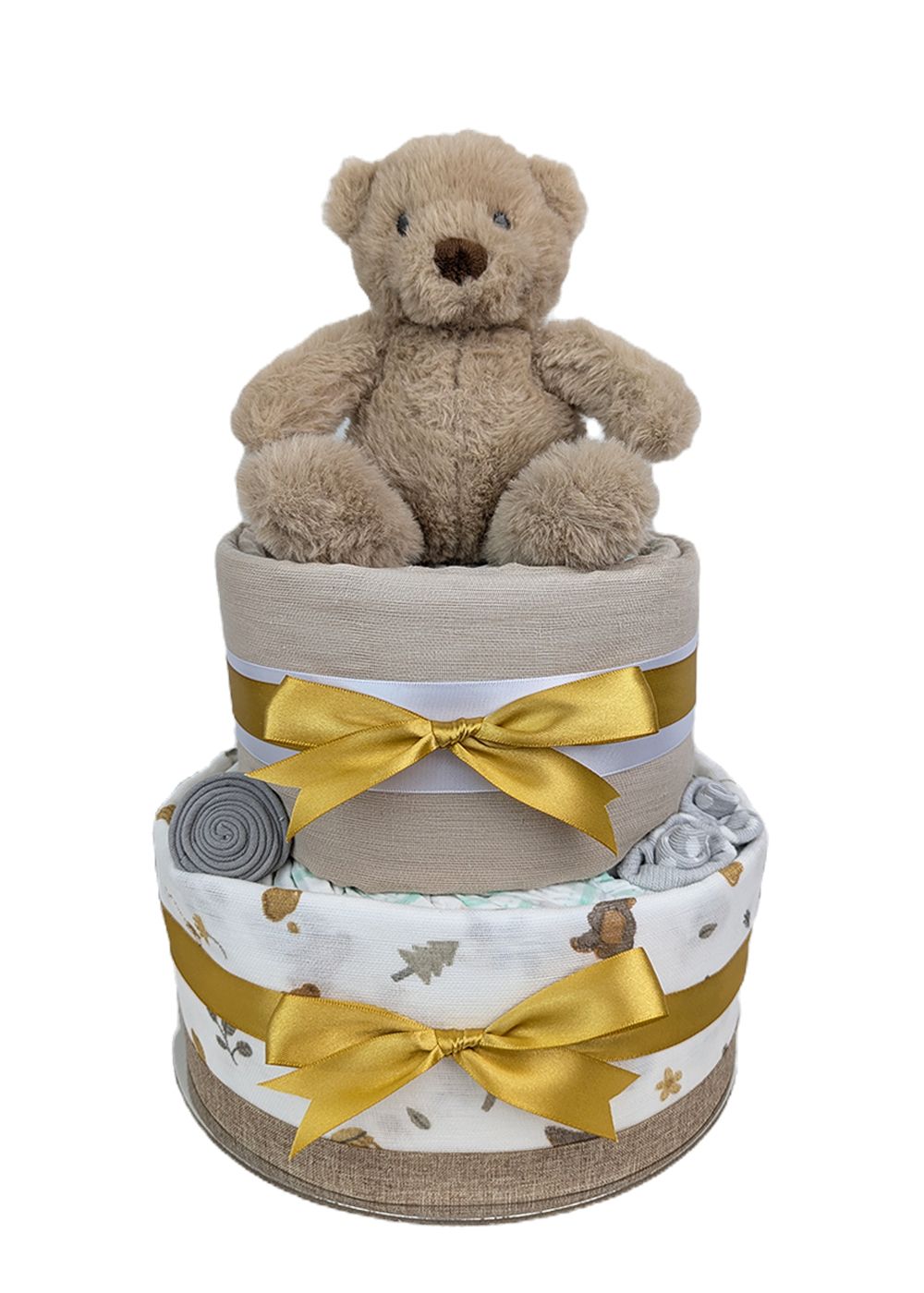 Unisex Neutral Teddy Bear Nappy Cake made out of nappies and muslin wraps. Baby shower gift Australia.