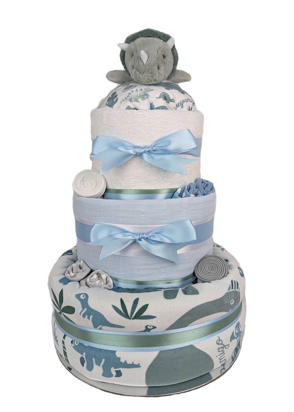 Baby Boy Three Tier Dinosaur nappy cake in blue and sage green. Baby shower gifts for boys.