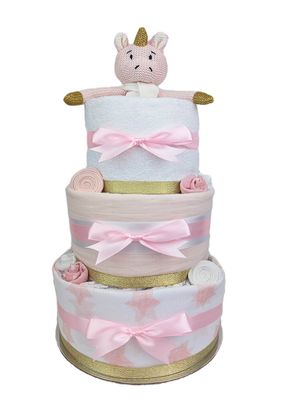 Three Tier pink and gold unicorn nappy cake in pink and gold. Practical baby gift.