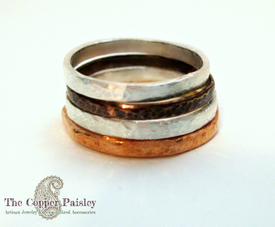 Stacking Rings Copper & Silver - Four Stacked Mixed Metal Rings 2mm - made to order