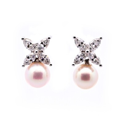 Marquise Cut Diamond and Pearl Earrings