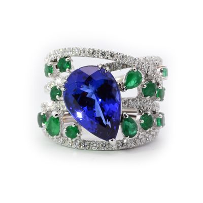 Tanzanite, Emerald and Diamond Ring