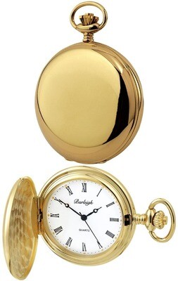 Burleigh Polished Gold Plated Full Hunter Quartz Pocket Watch With Chain