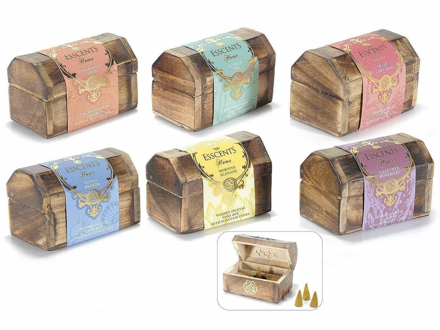 Esscents 10 Incense Cones + Wooden Storage Chest Box Gift Set Various Fragrance's x 2 chests