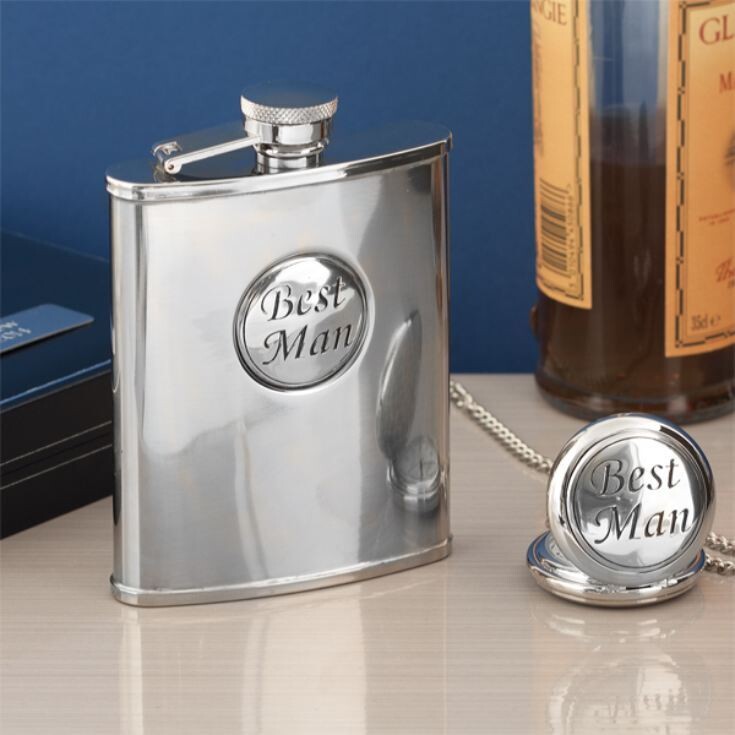 Best Man Chrome Hip Flask & Pocket Watch Gift