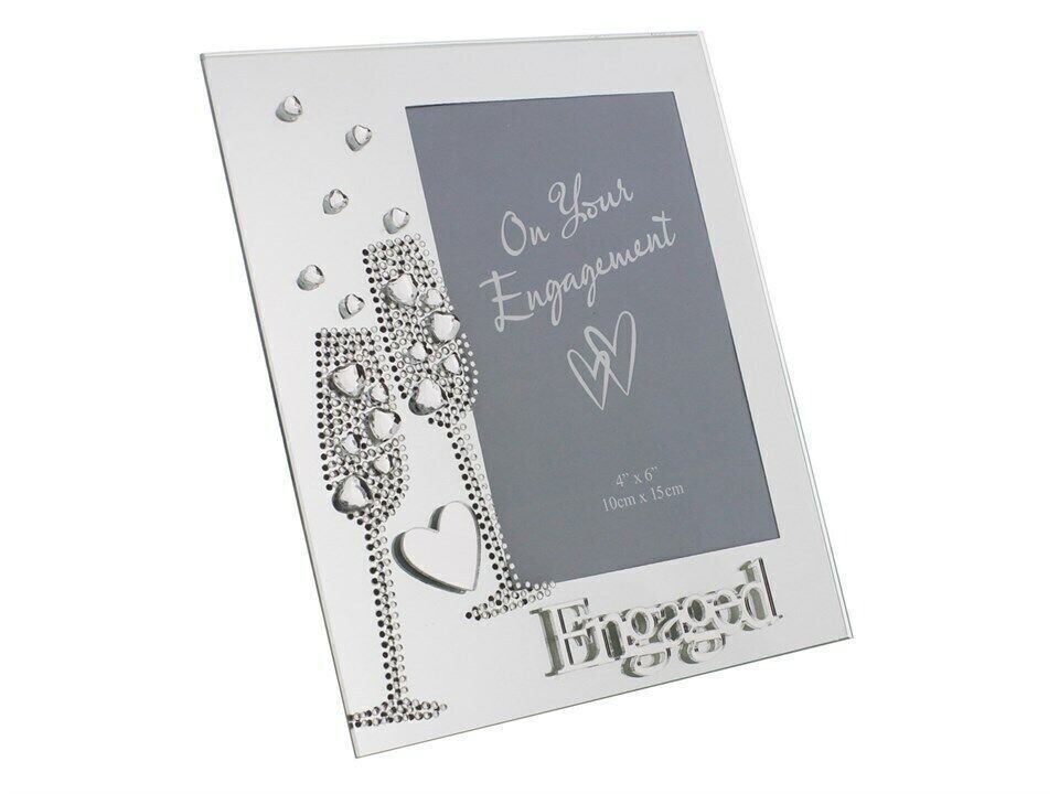 "Engaged" 6x4" Mirrored Glass Photo Frame with Champagne Flutes