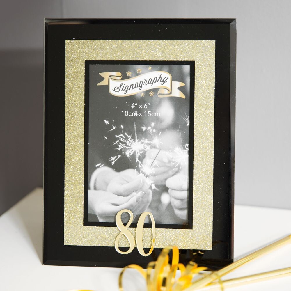 Signography 80th Birthday Black & Gold Glitter Frame