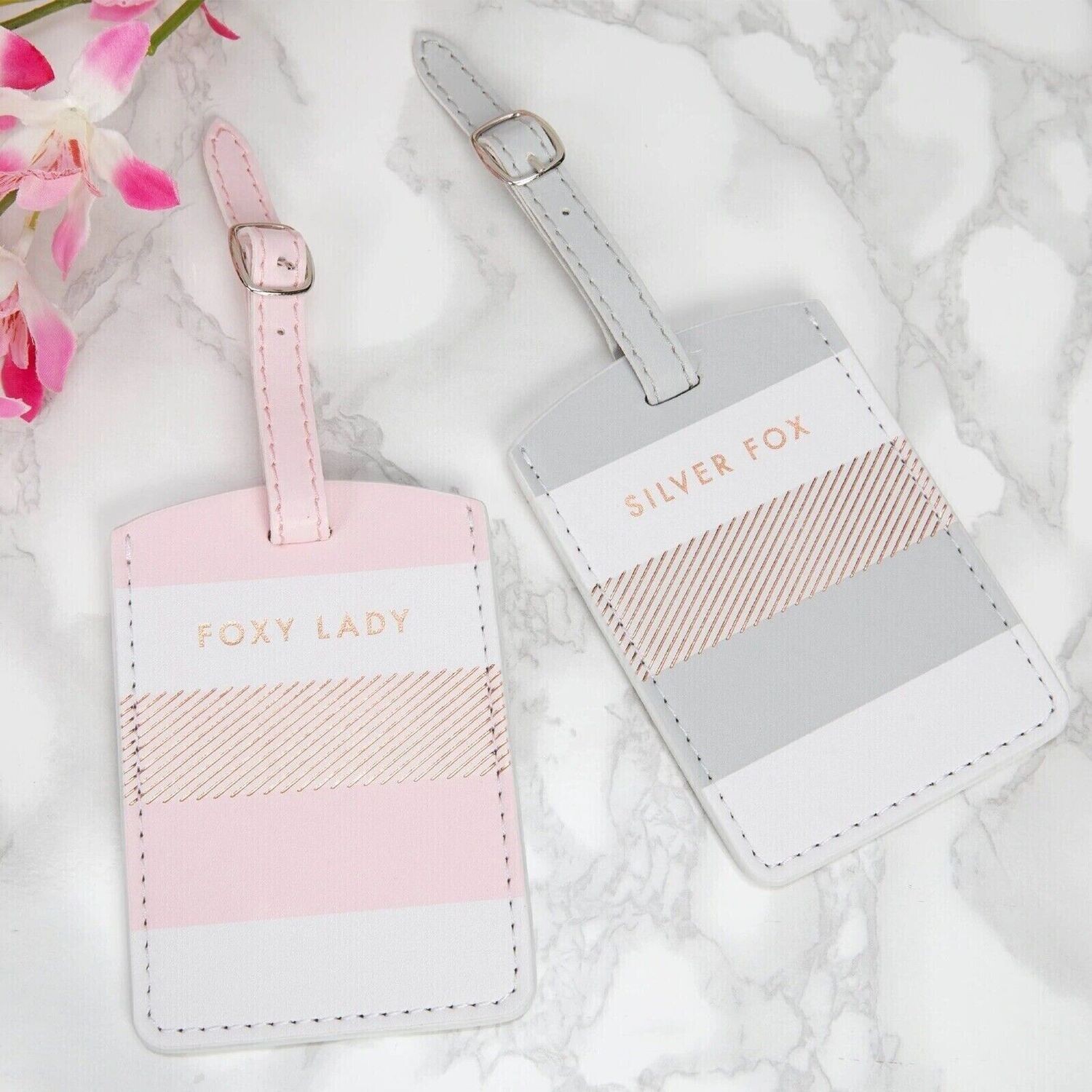 His and Hers 'Silver Fox' and 'Foxy Lady' Luggage Tags Blue and Pink