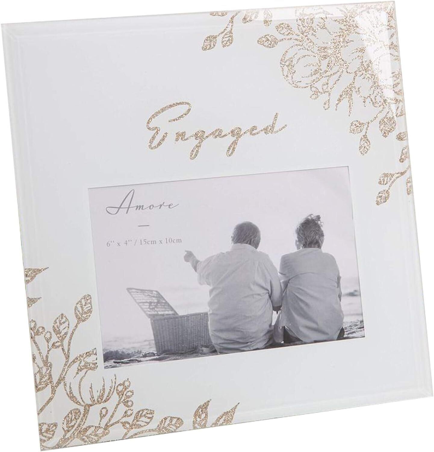 Amore Engagement Grey Glass 6'x4' Photo Frame with Glitter/Wording - Engaged