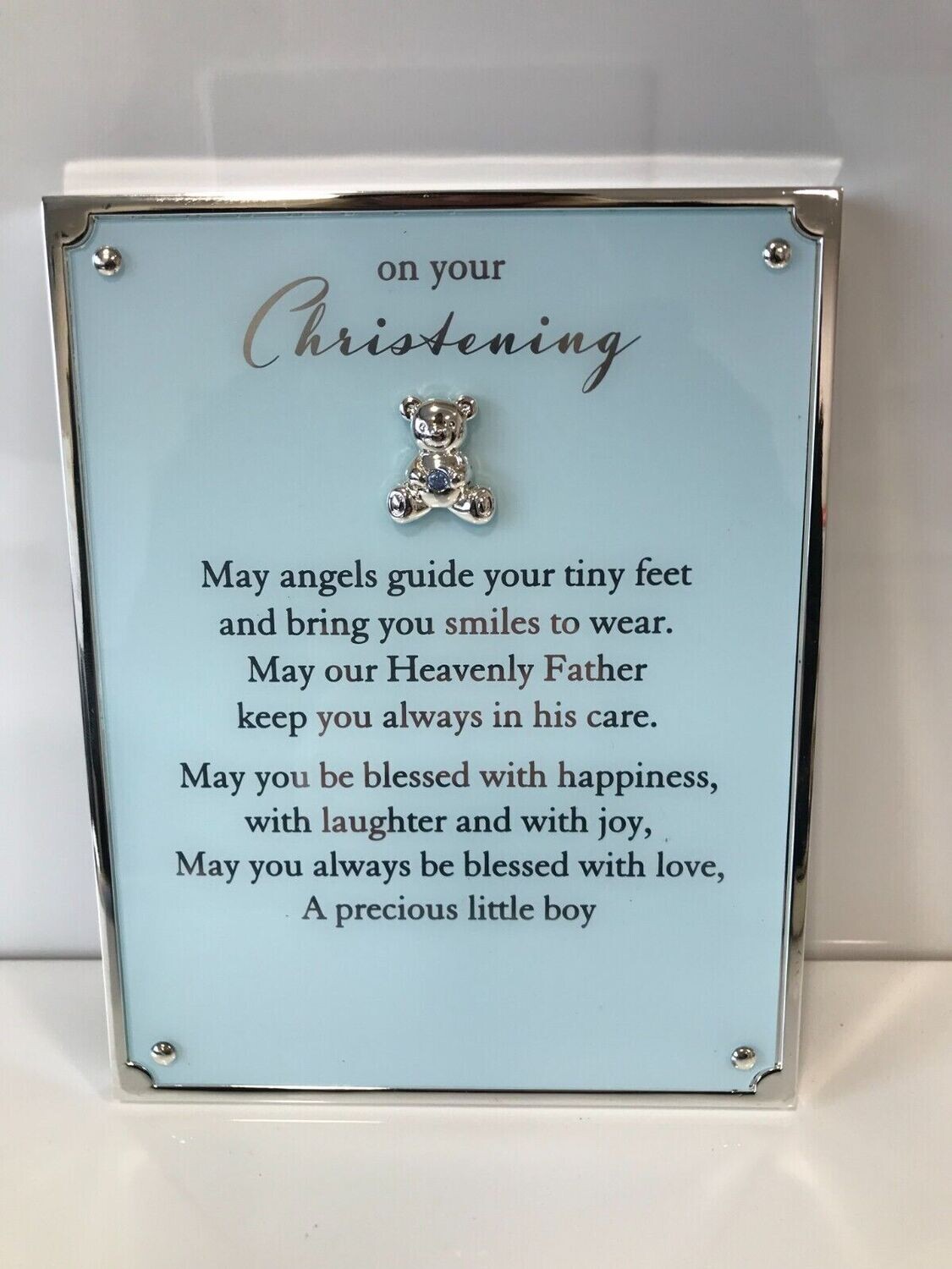 'On Your Christening' Plaque with Engraving Plate - Blue