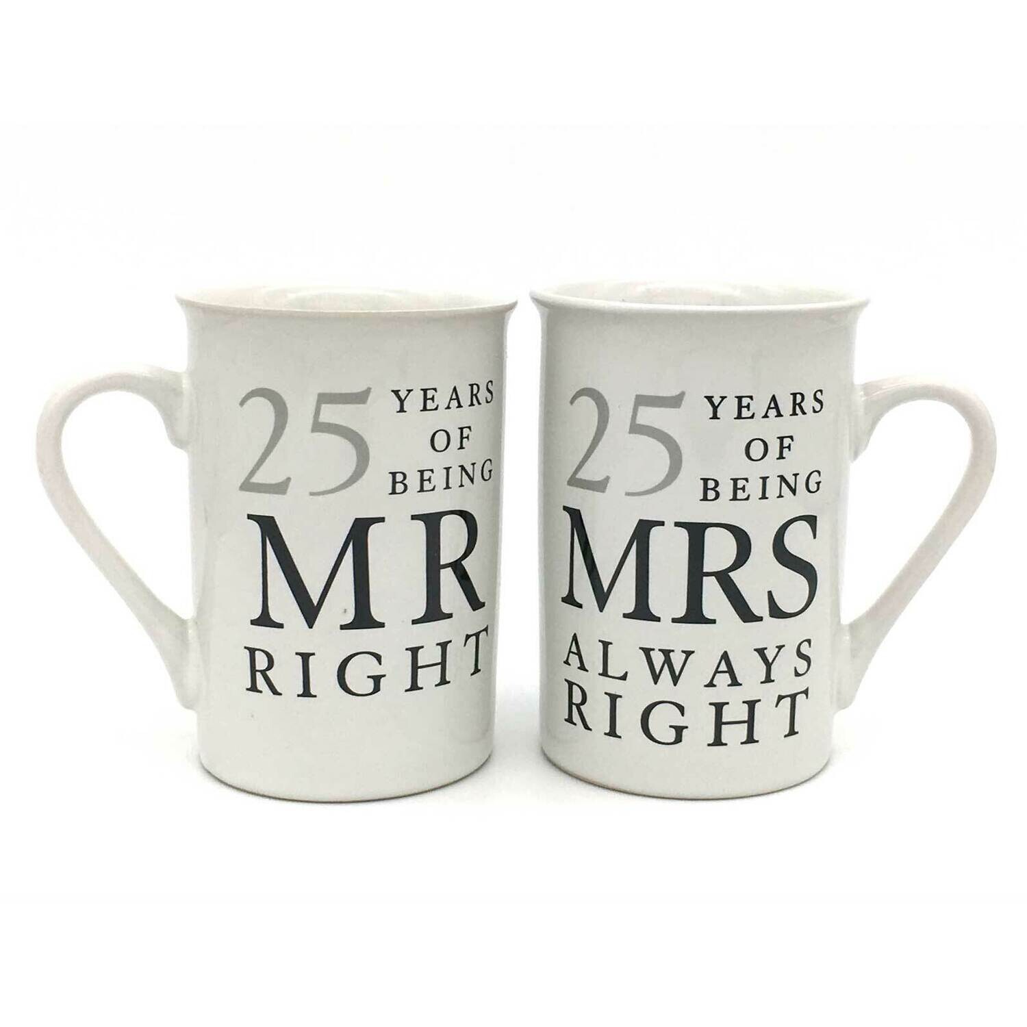 Amore 25th Anniversary Gift Set of 2 China Mugs 'Mr Right & Mrs Always Right