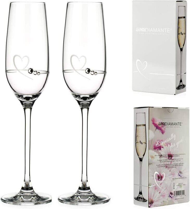 Diamante Petit Valentine Heart Flute Pairs Etched Design Embellished with Swarovski Crystals