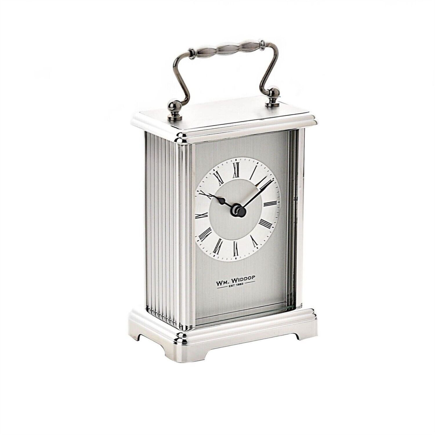 Widdop William Silver Finish White Dial Black Roman Numerals Carriage Clock