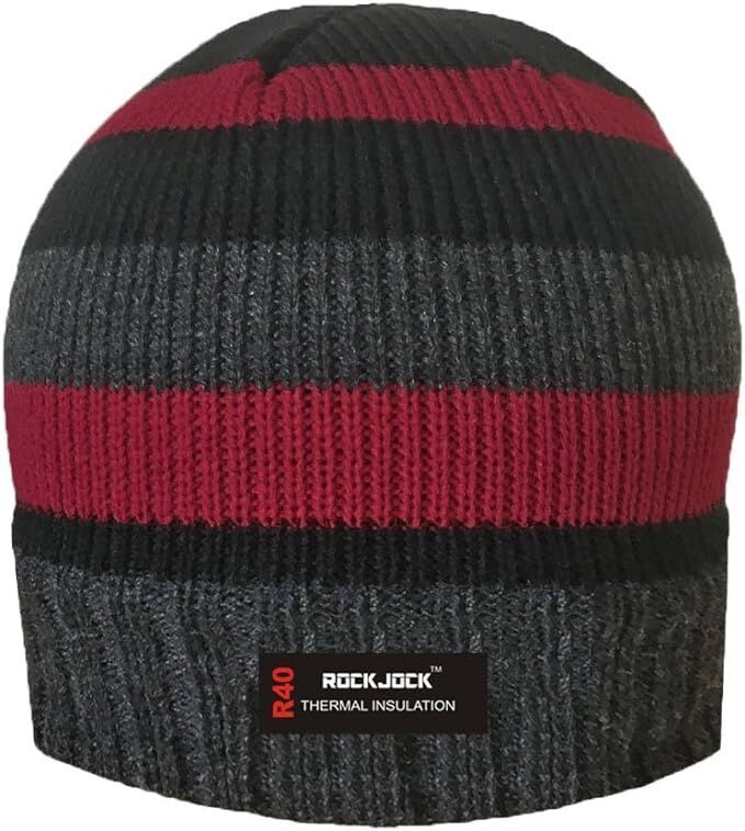 x2 Rock Jock Striped Knitted Fleece Lined Beanie Hat with R40 thermal