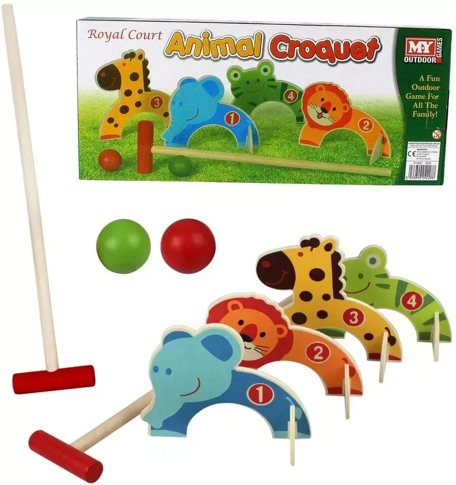 Animal Croquet Golf Toy Set Wooden Animal Lawn Kids Outdoor Toys Play Garden