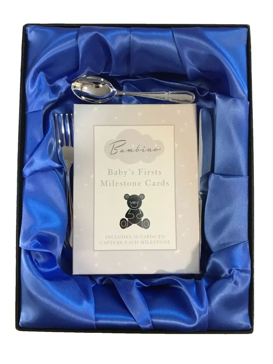 Bambino milestone cards with Silver plated child's cutlery set gift boxed *G1