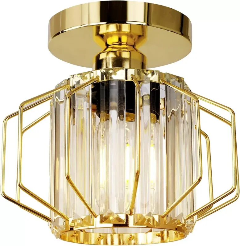 Frideko Modern Gold Crystal Ceiling Light Fittings Industrial Glass Lights Semi Flush Shade