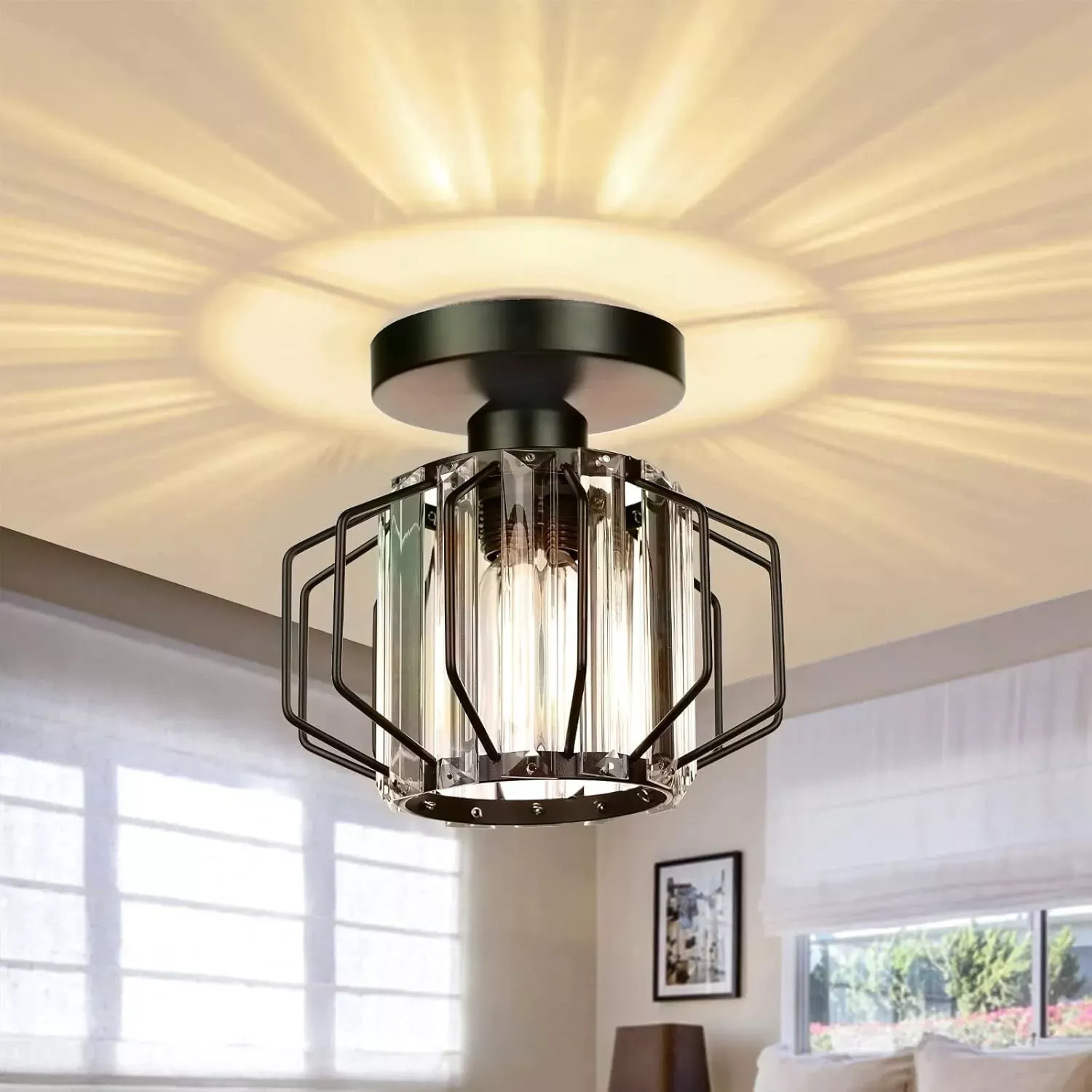 Frideko Black Crystal Modern Ceiling Light Fittings Industrial Glass Lights Semi Flush Shade