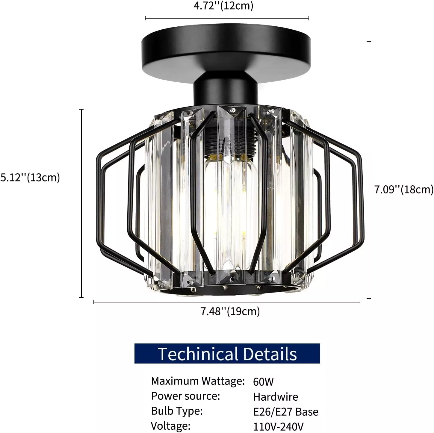 Frideko Black Crystal Modern Ceiling Light Fittings Industrial Glass Lights Semi Flush Shade