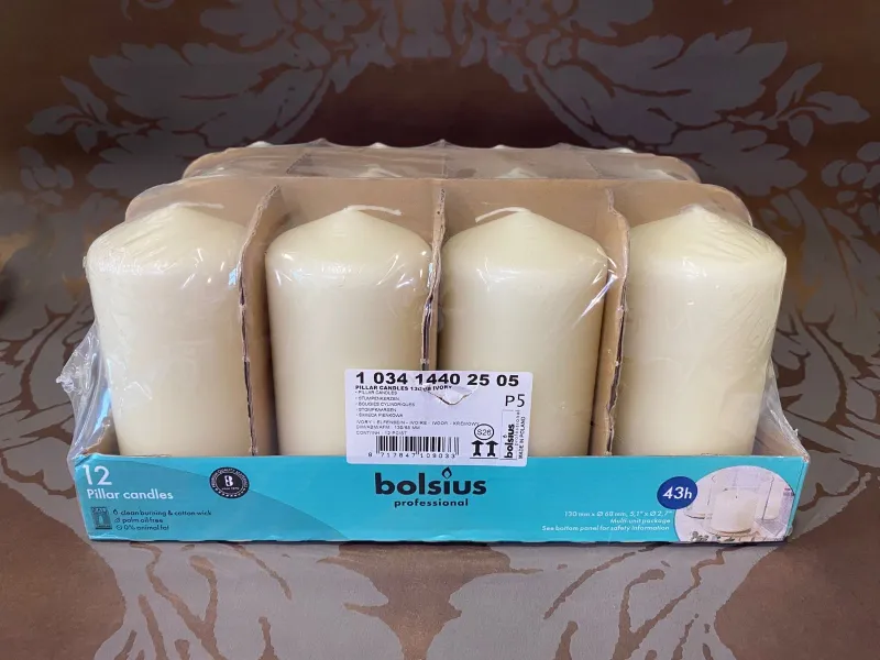 Premium Bolsius Pillar Candles Ivory Candles 130mm x 68mm | 43 Hours Burn Time Pack of 12