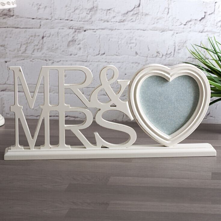 Vintage Style White Wood Mr & Mrs Wedding Sign Heart Photo Frame