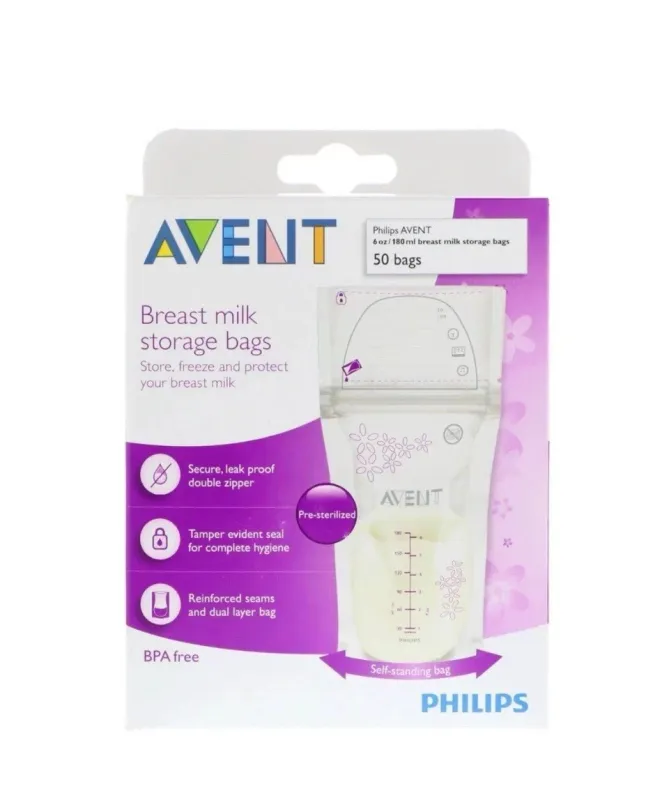 Philips Avent 50 Count Breast Milk Storage Bags - 6 oz (180 ml) Leak-Proof